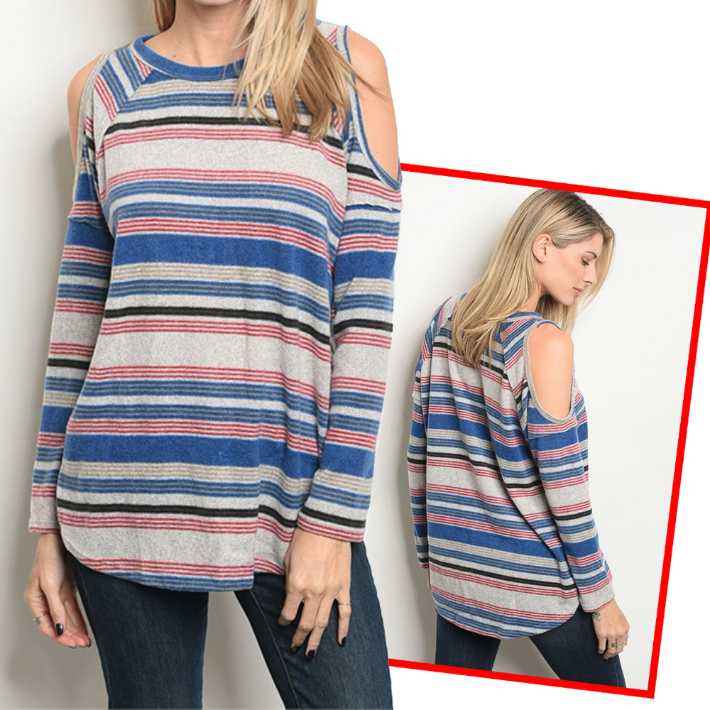 GRAY MULTI STRIPES TOP - Picture 1 of 3